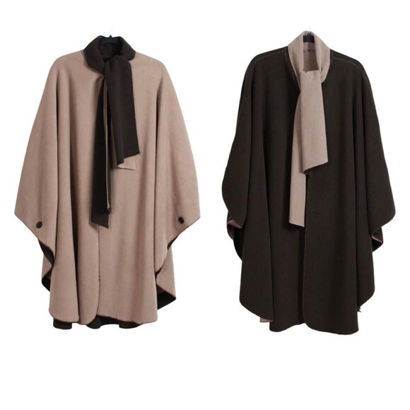 Brown Beige Reversible Poncho Cape - Picture 1 of 14